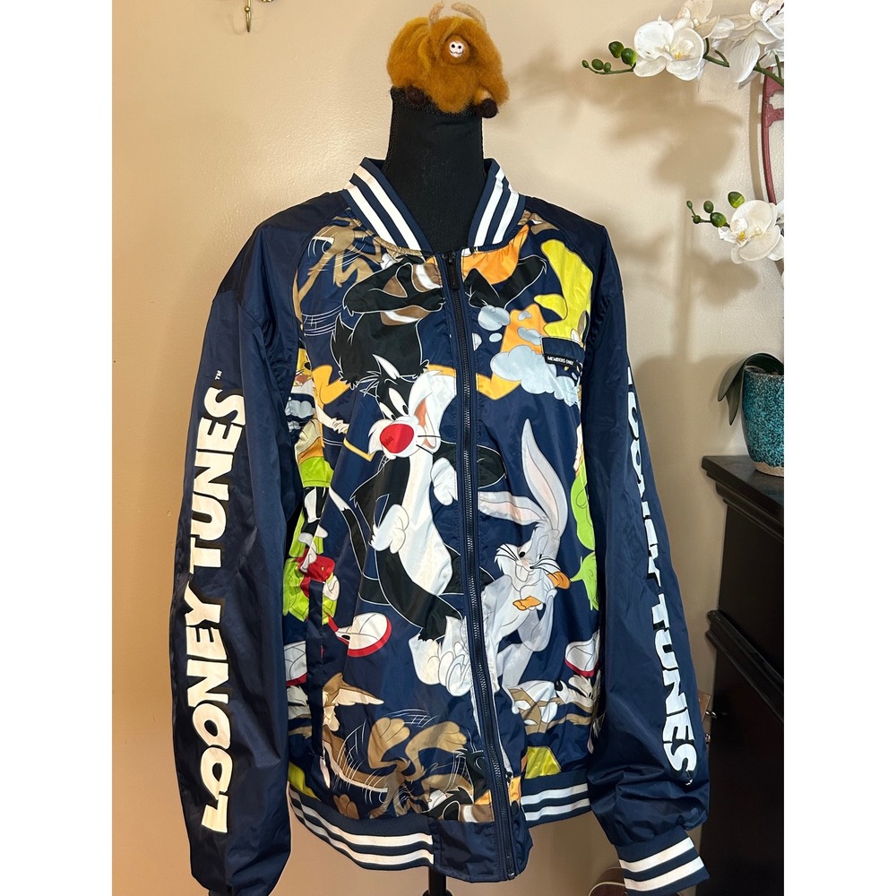 Members Only Looney Tunes Windbreaker Jacket Navy Blue Character Print Bomber